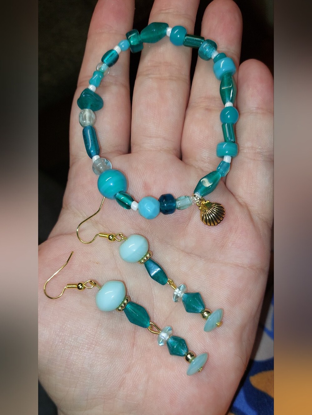 Handmade Turquoise Beaded Stretch Bracelet and Dangle Earrings Set